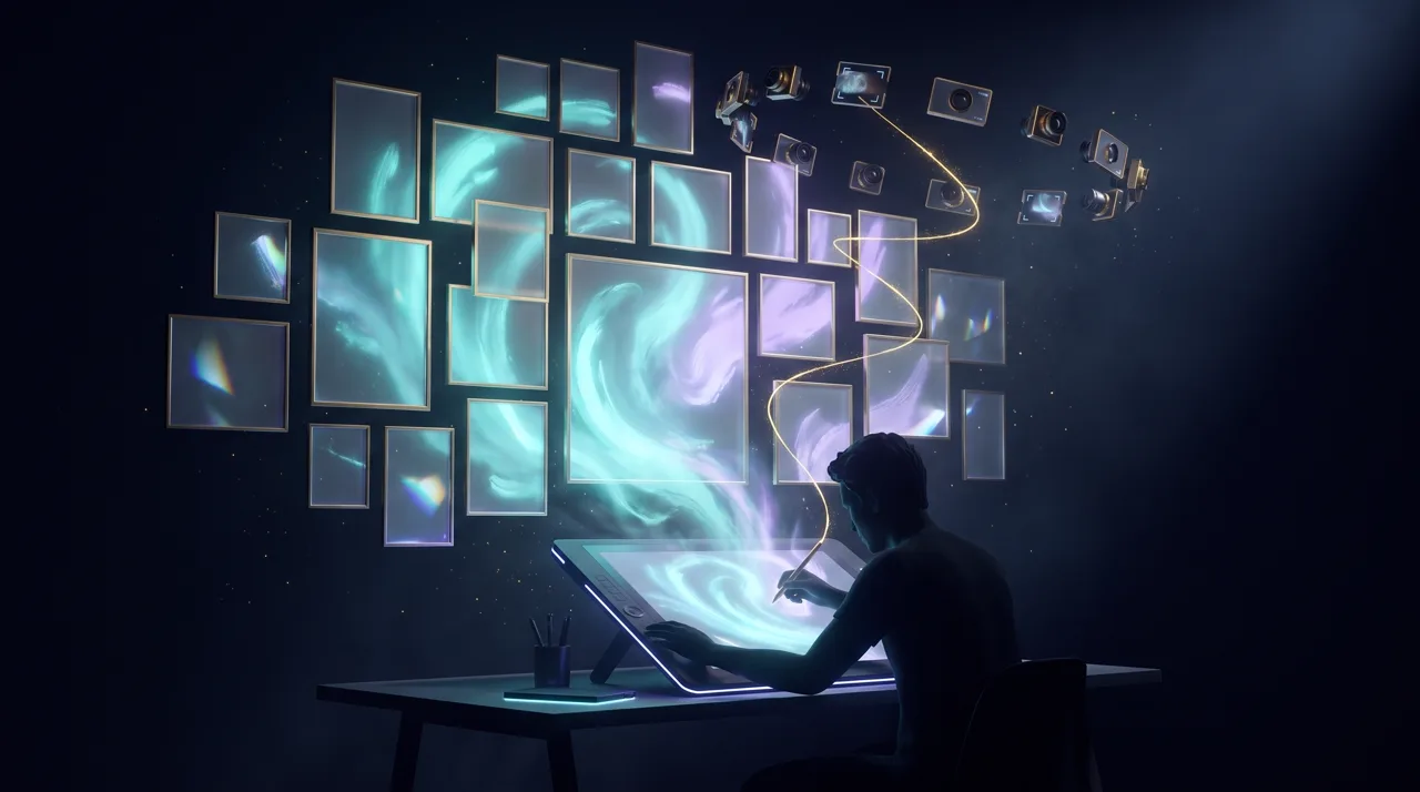 A digital artist whose painting rises into a floating gallery while small cameras film the process