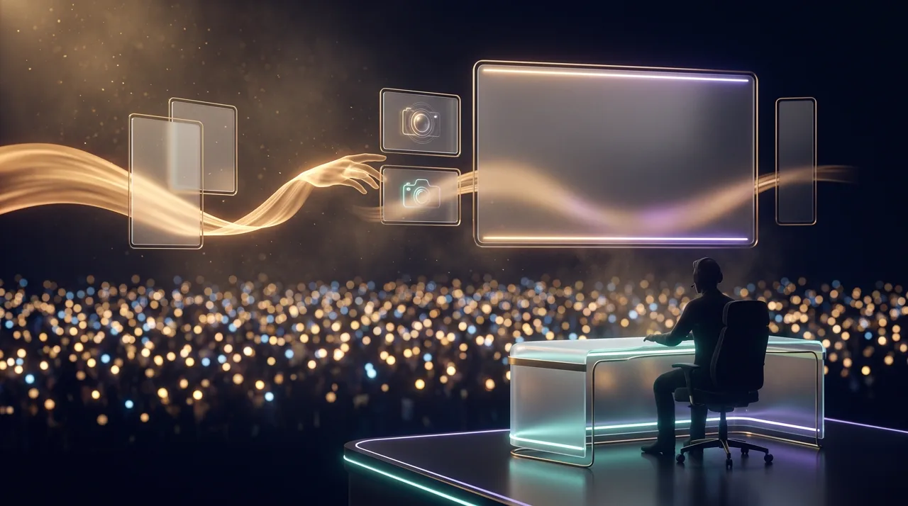 A streamer facing a field of audience lights while holographic cameras and a golden thread of partnership surround them