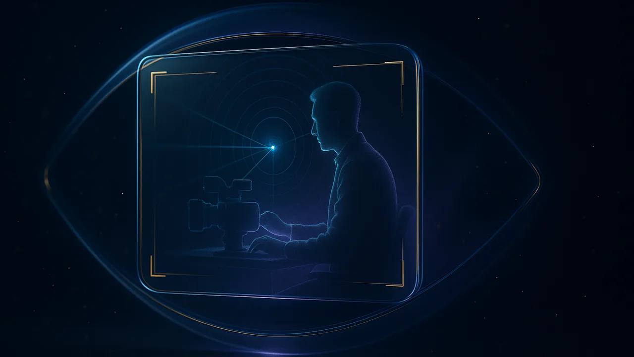 AI Director HUD framing a presenter with golden reticle brackets