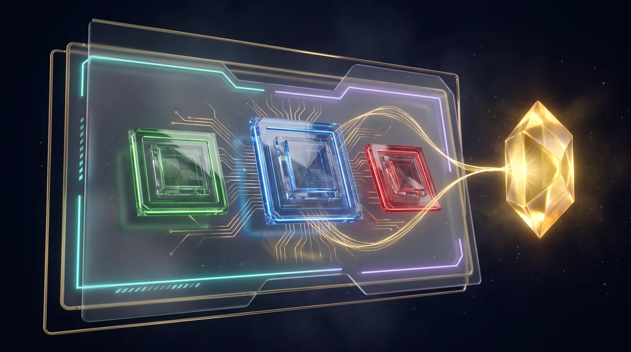 Three GPU chips - green, blue and red - joined by one golden thread into a single crystal
