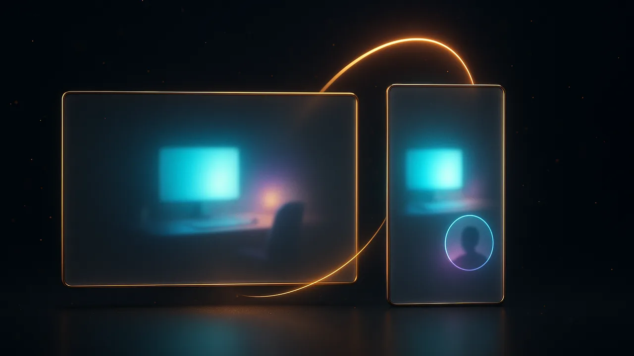 A 16:9 and a 9:16 glass frame showing the same scene, linked by a golden sync thread