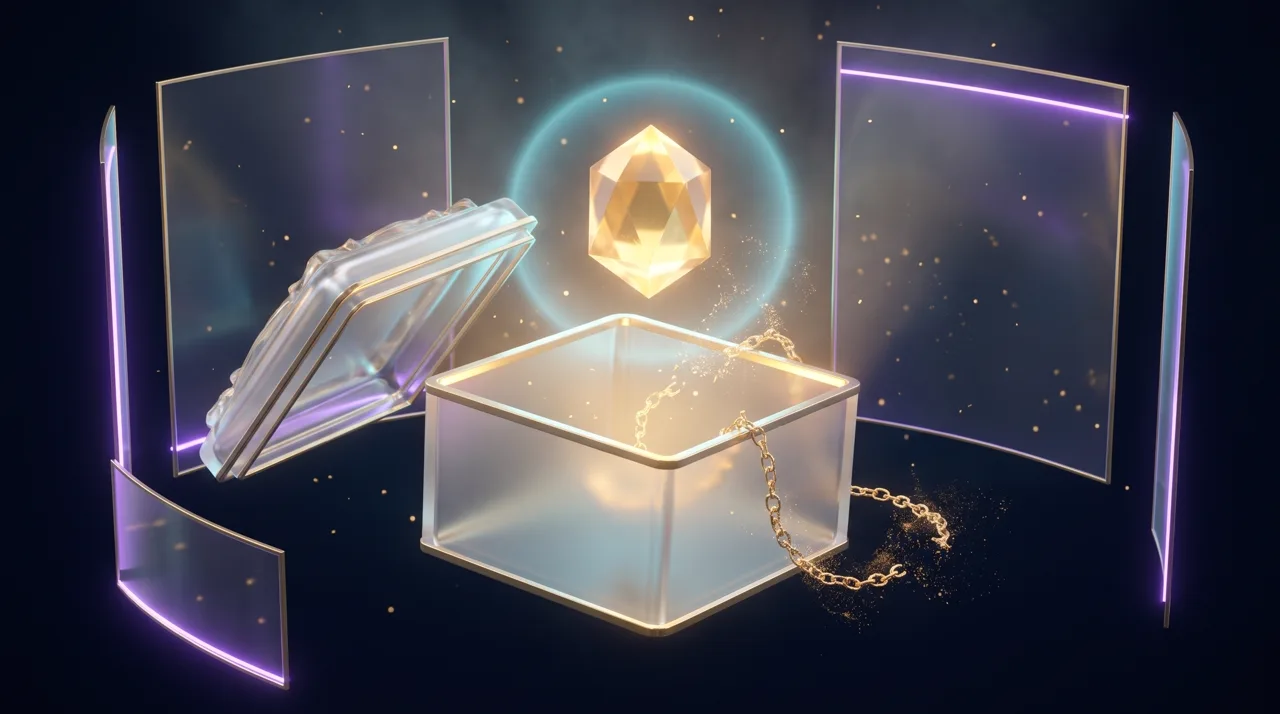 An open glass gift box with a golden hexagonal crystal floating free above it