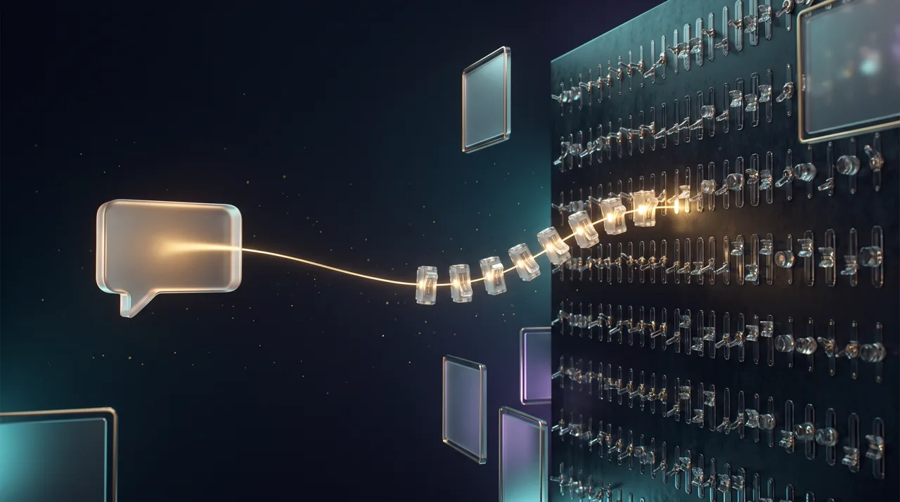 A glass chat bubble sending a golden thread to a wall of tiny switches that flip themselves