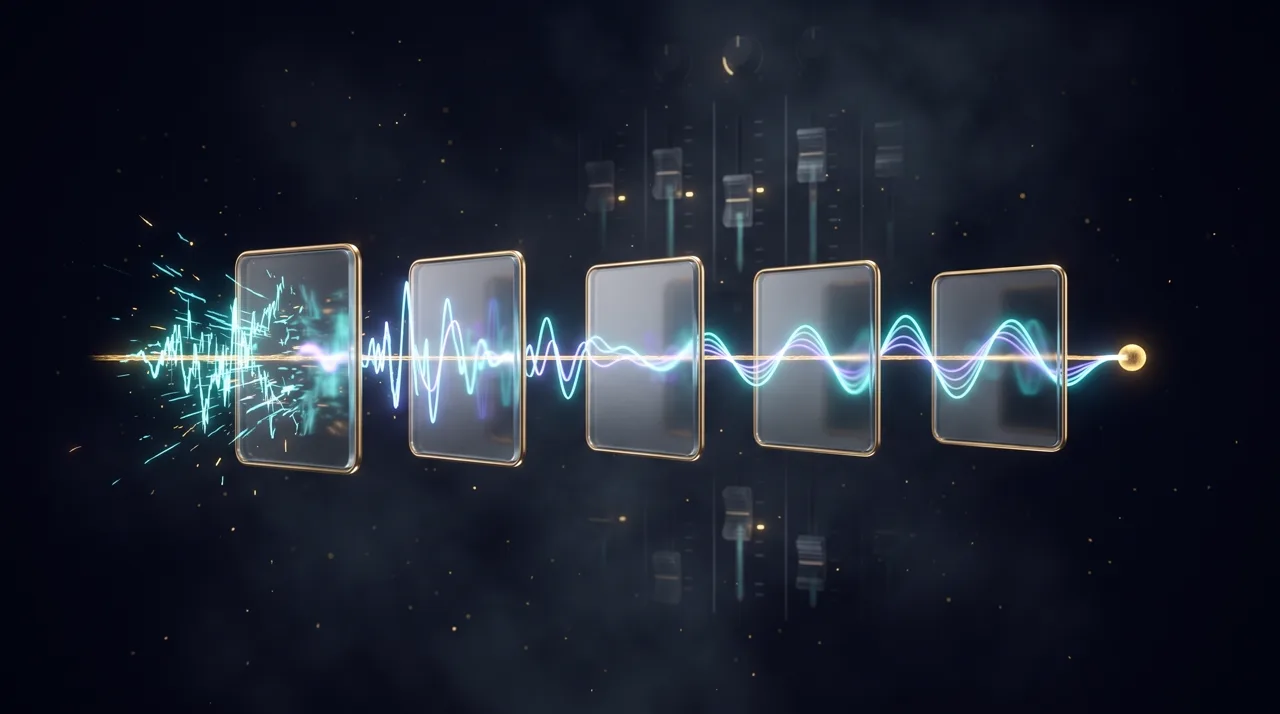 A chain of glass audio modules turning a rough soundwave into a smooth one, mixer faders untouched behind