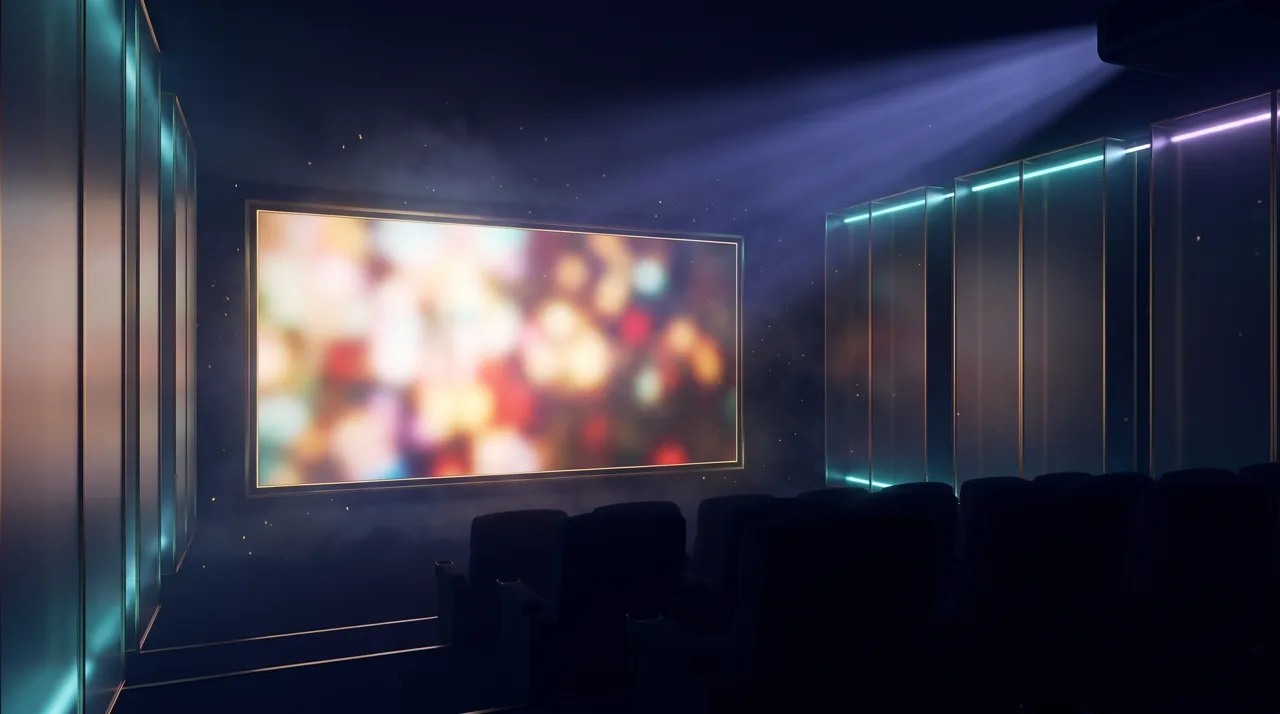 A dark glass cinema hall with a luminous screen hugged exactly by a thin gold border