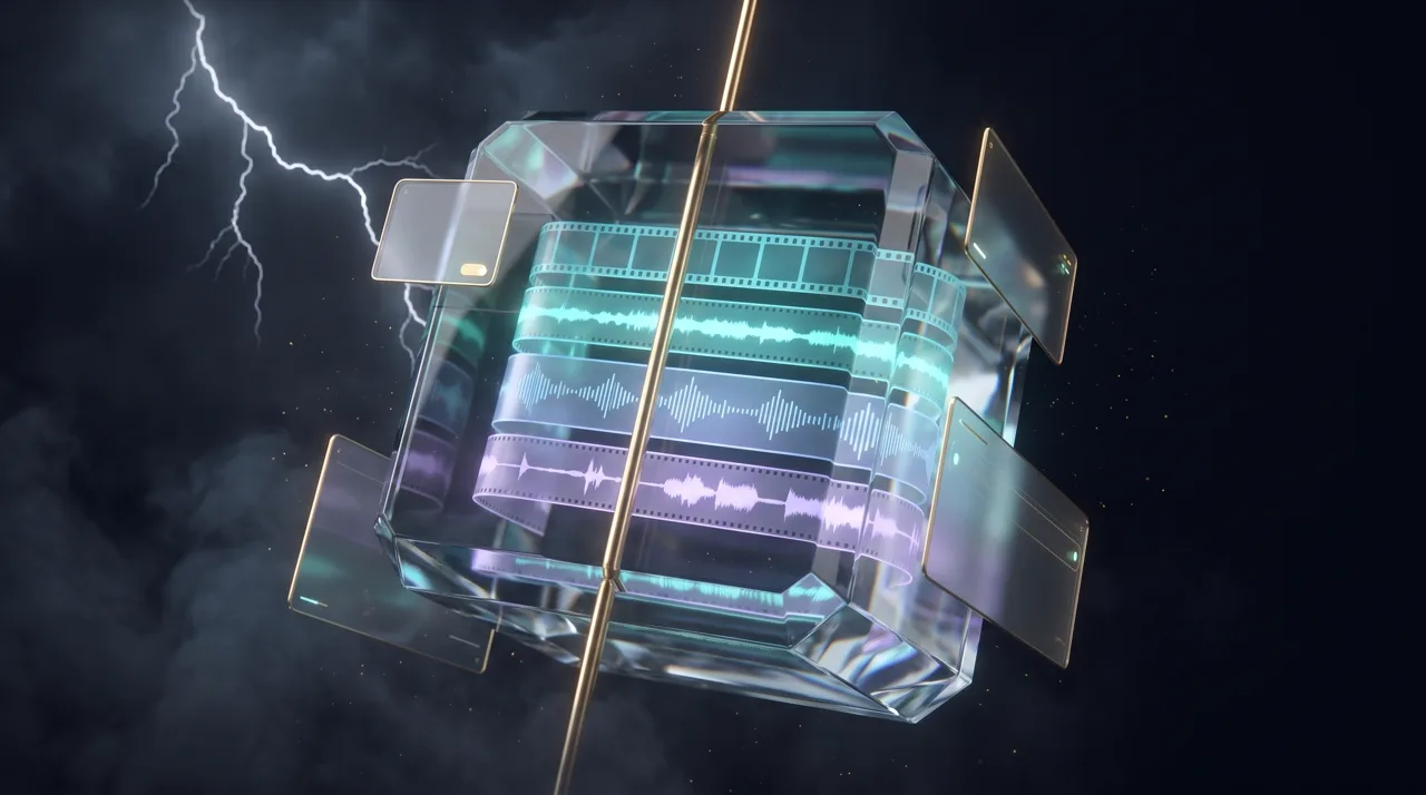 A crystal vault holding parallel film and audio tracks aligned on one golden timeline while a storm rages outside