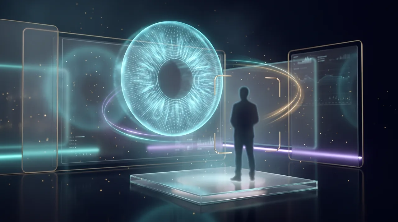 A holographic director's eye with tracking landmarks framing a presenter with golden reticle brackets