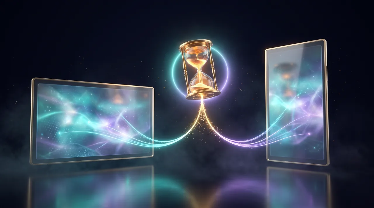 A golden hourglass splitting one stream of light into a 16:9 and a 9:16 glass screen showing the same scene