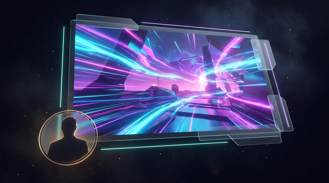 An edge-to-edge neon game world with a small round glass presenter inset in the corner