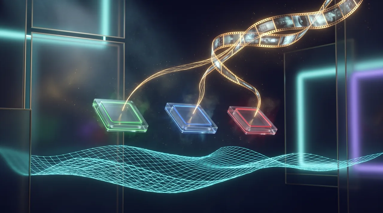 Three GPU chips with green, blue and red rim light braiding golden threads into one film strip above a safety net
