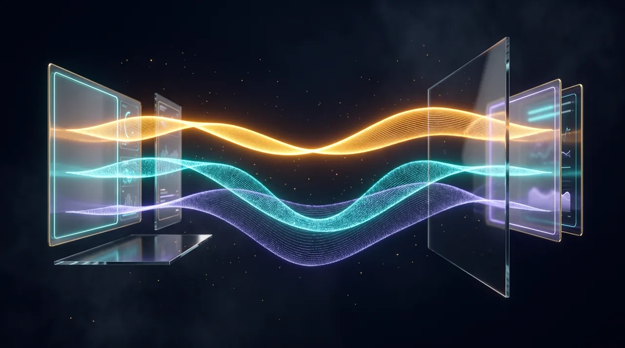 Three audio waves stacked like a podium with the golden voice wave on top