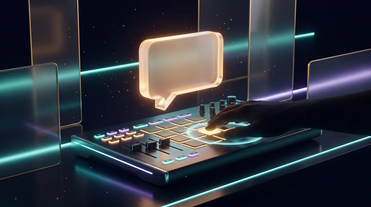 A glass speech bubble above a control surface where a hand lights up golden pads