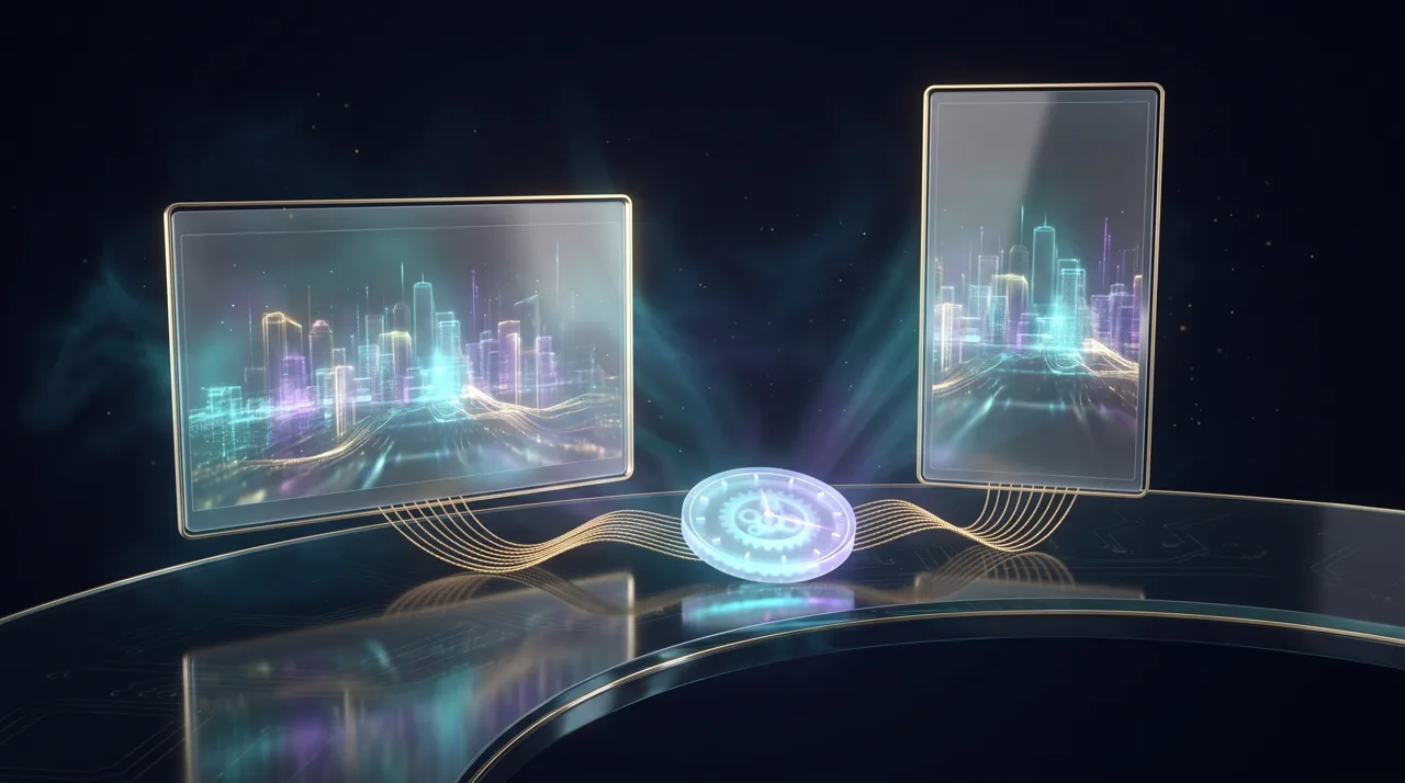 A director's desk with a 16:9 and a 9:16 live preview wired to one shared golden clock
