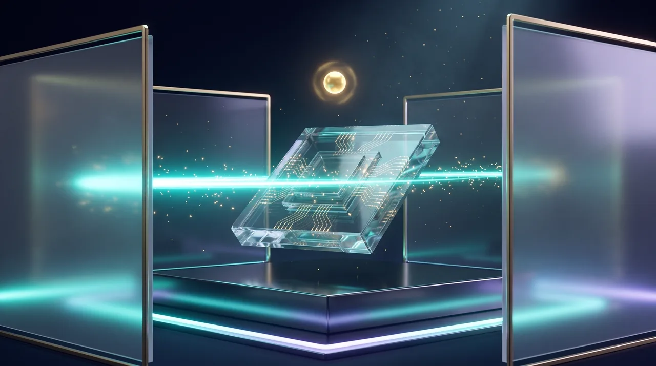 A glass GPU chip swept by a scanning beam of light with a golden orb of approval above