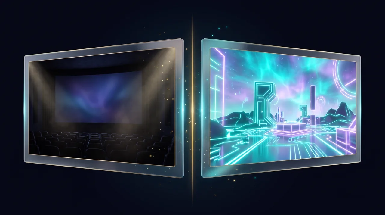 A diptych split by a golden seam: a dark cinema screen on the left, a vivid neon game world on the right
