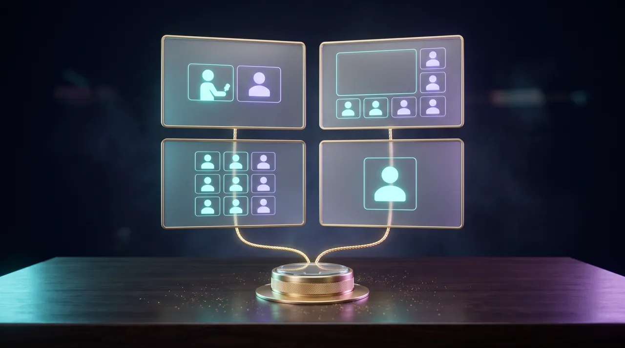 Four glass layout cards with tiny person tiles linked by a golden thread to one control dial