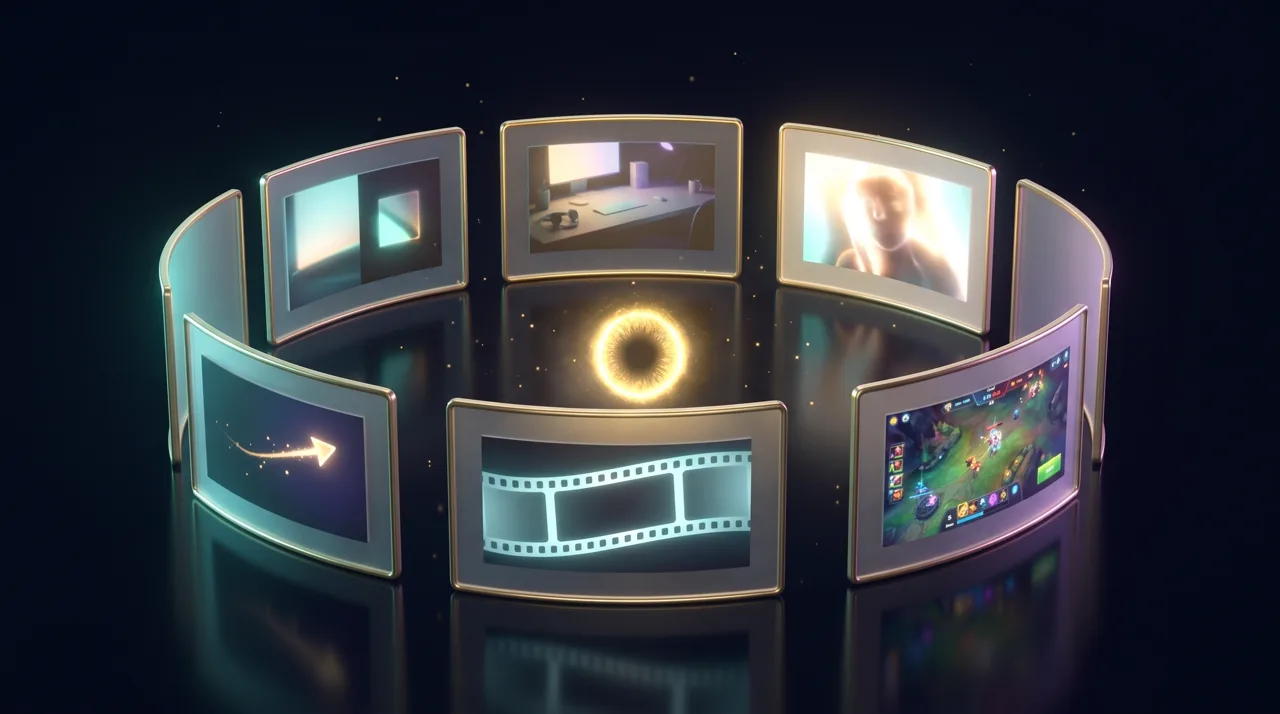 Six glass picture frames fanned around a golden eye, one lit as the chosen shot