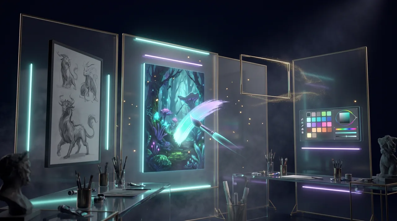 An artist's studio with three monitors and a golden camera frame gliding toward the centre canvas