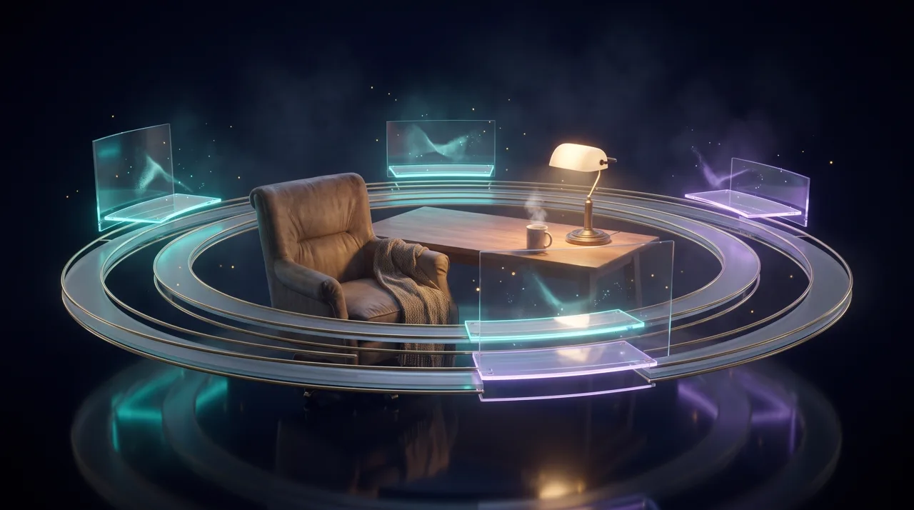 A cosy creator desk with a steaming cup while golden rings of a self-running broadcast orbit around it