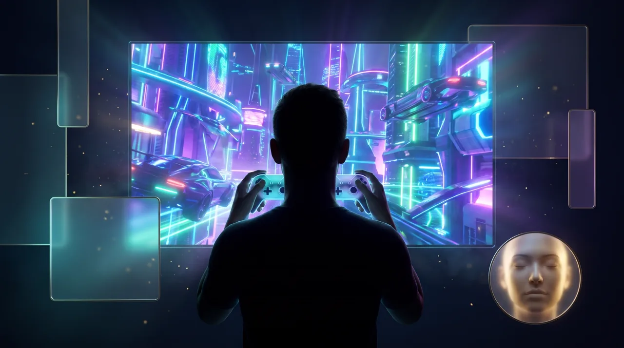 A gamer with a glowing controller in front of an edge-to-edge neon game world with a small round camera inset