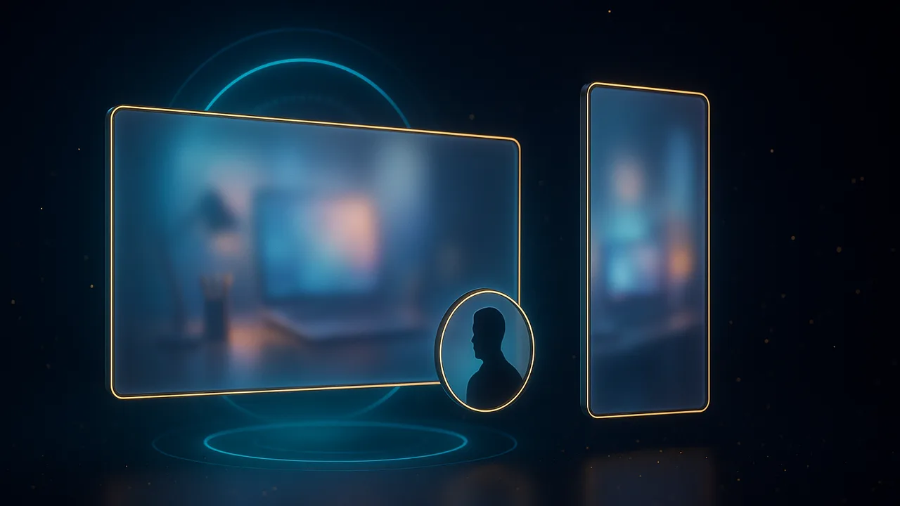 Holographic compositor: a 16:9 stage with a presenter inset and a 9:16 vertical master beside it