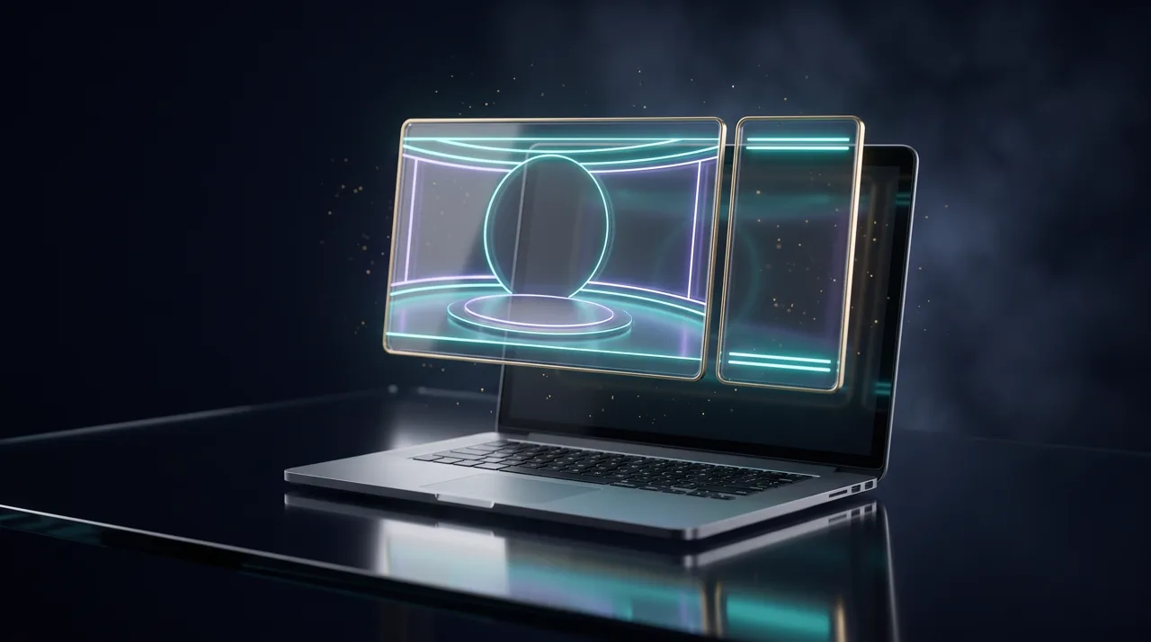 An ordinary office laptop with the holographic studio floating above its screen