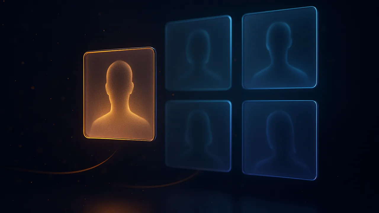 Holographic wall of guest video tiles with one glowing active speaker