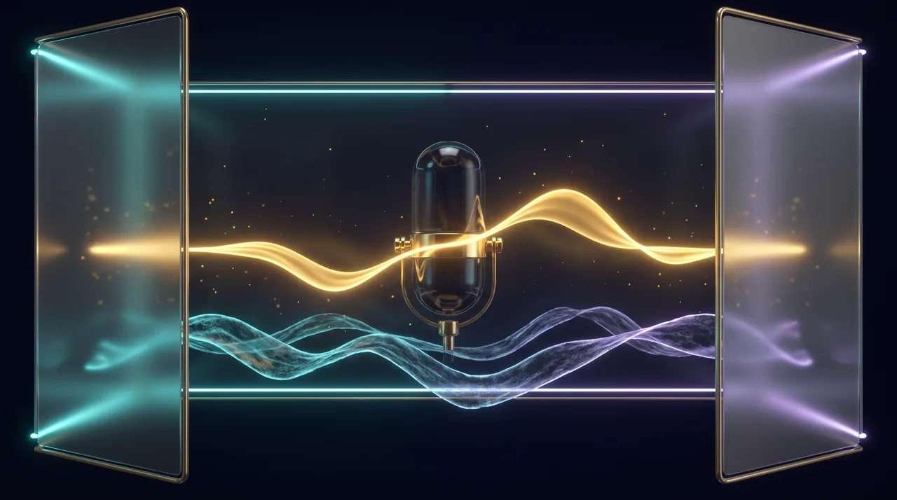 A studio microphone sending one smooth golden wave while music waves bow down below it