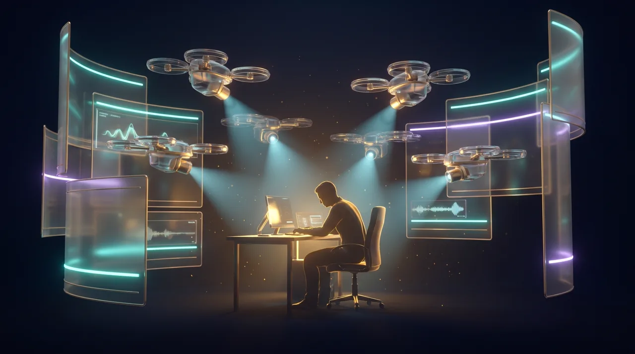 A presenter at a desk surrounded by small holographic camera drones framing the shot