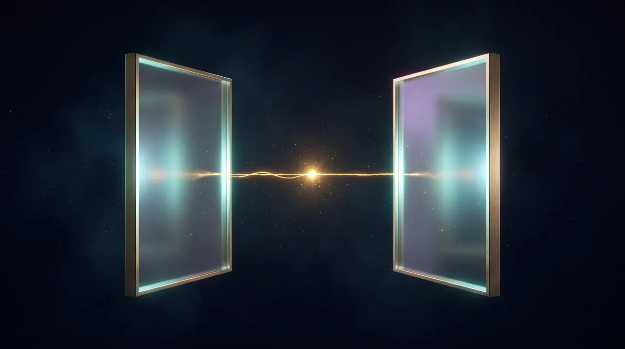 Two glass portrait cards joined by a single golden thread with a spark in the middle