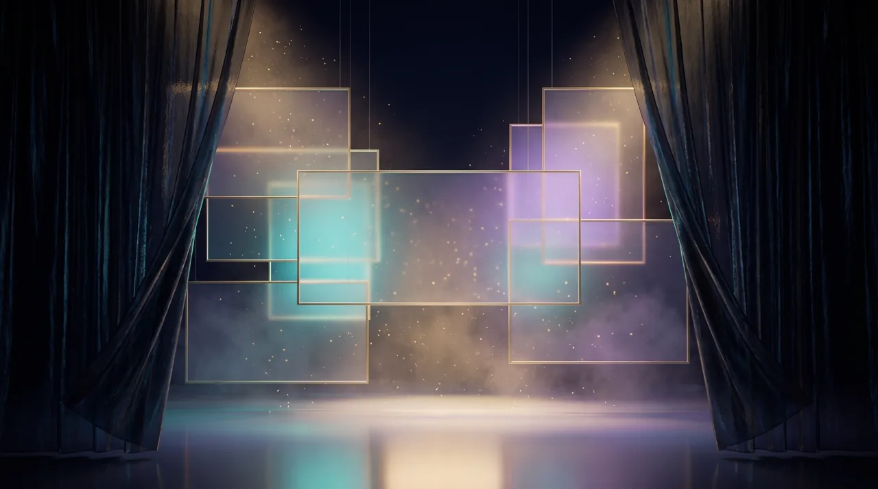 Glass theatre curtains opening onto a stage that is already dressed and lit