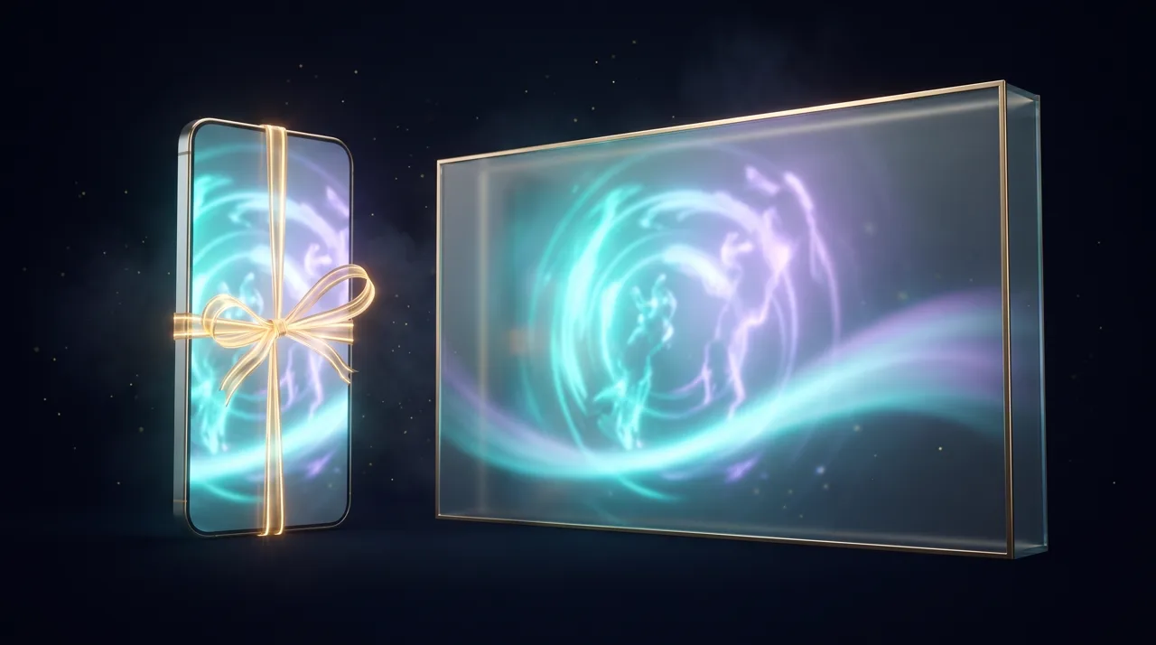 A vertical glass phone screen tied with a golden ribbon of light next to a wide stage showing the same scene