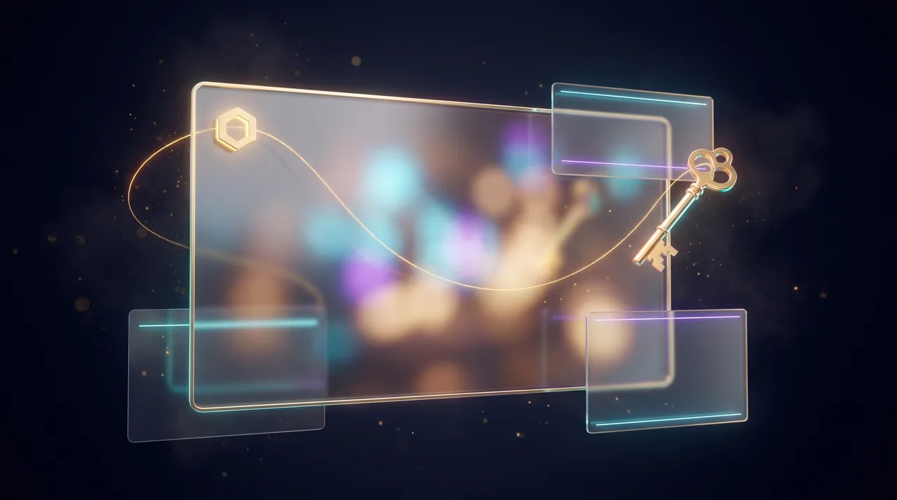 A glass video frame with a small golden hexagon mark in its corner and a golden key beside it