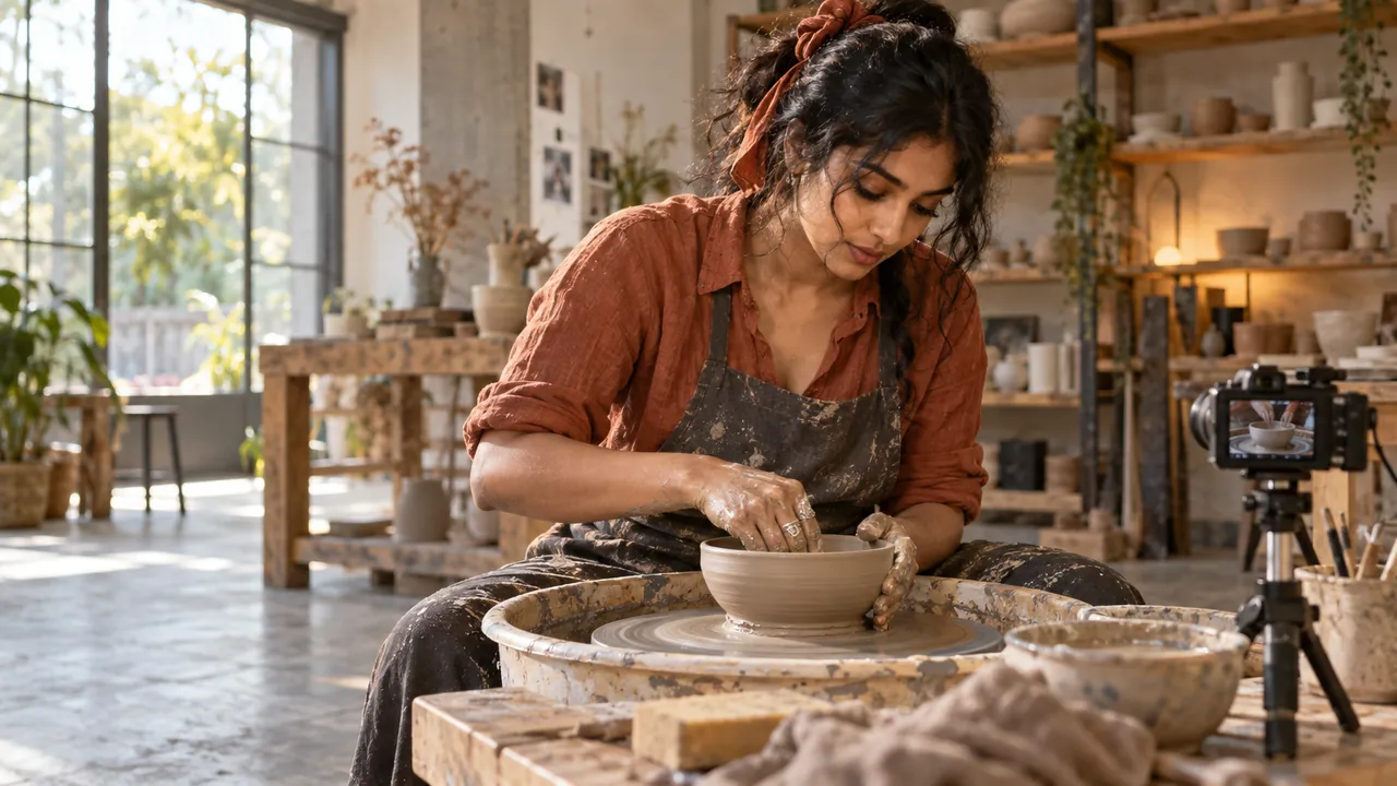 A ceramicist shapes a bowl on the wheel while a small camera films it in a daylit workshop