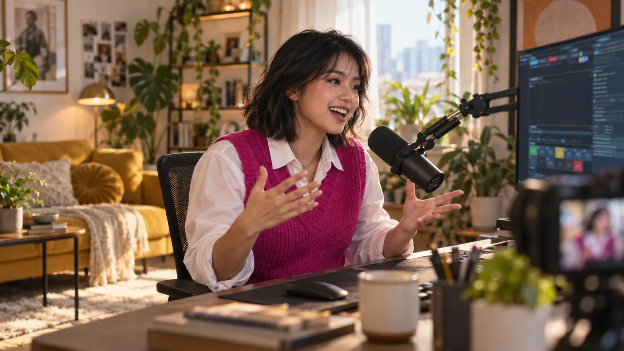 A streamer in a fuchsia vest tells a story with both hands in a bright, colourful room