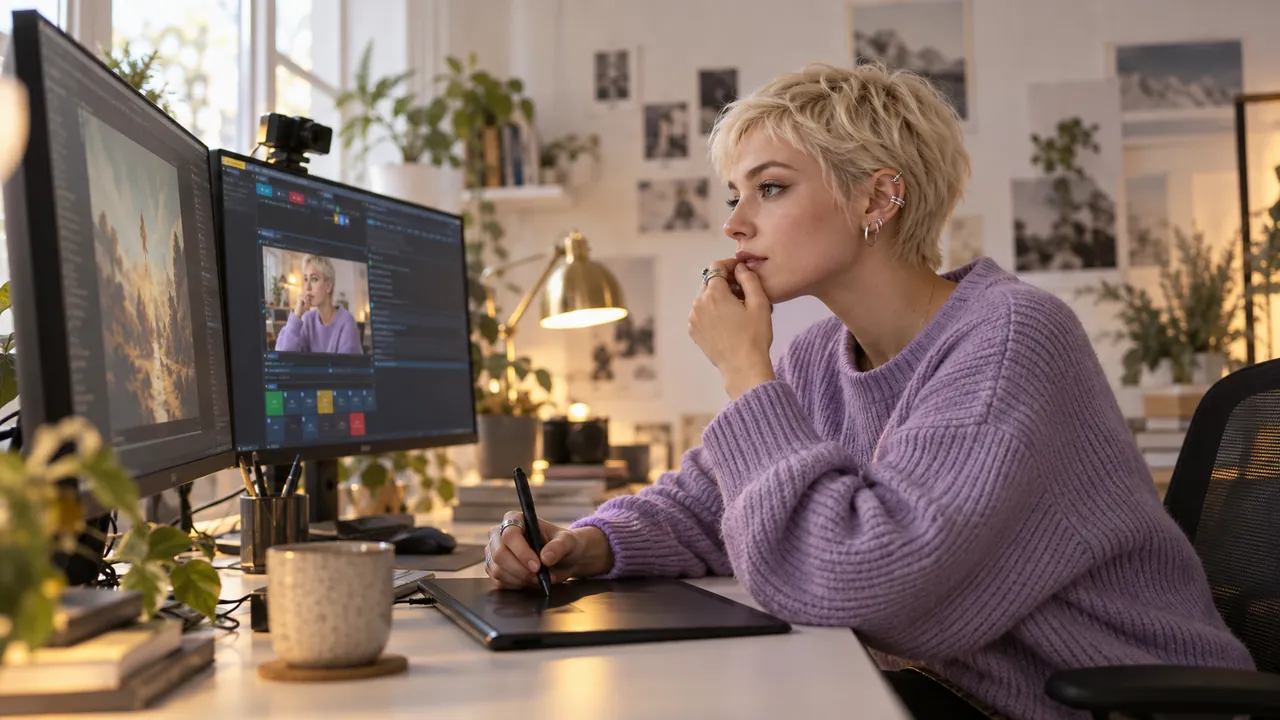 A designer in a lilac sweater works with a drawing tablet while the deck frames her in a bright studio
