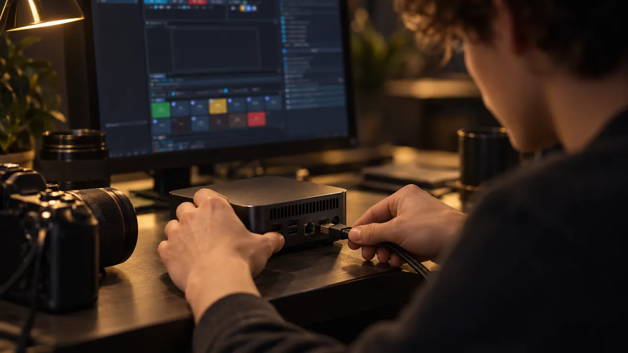 Hands plug a camera cable into a small mini PC next to a camera