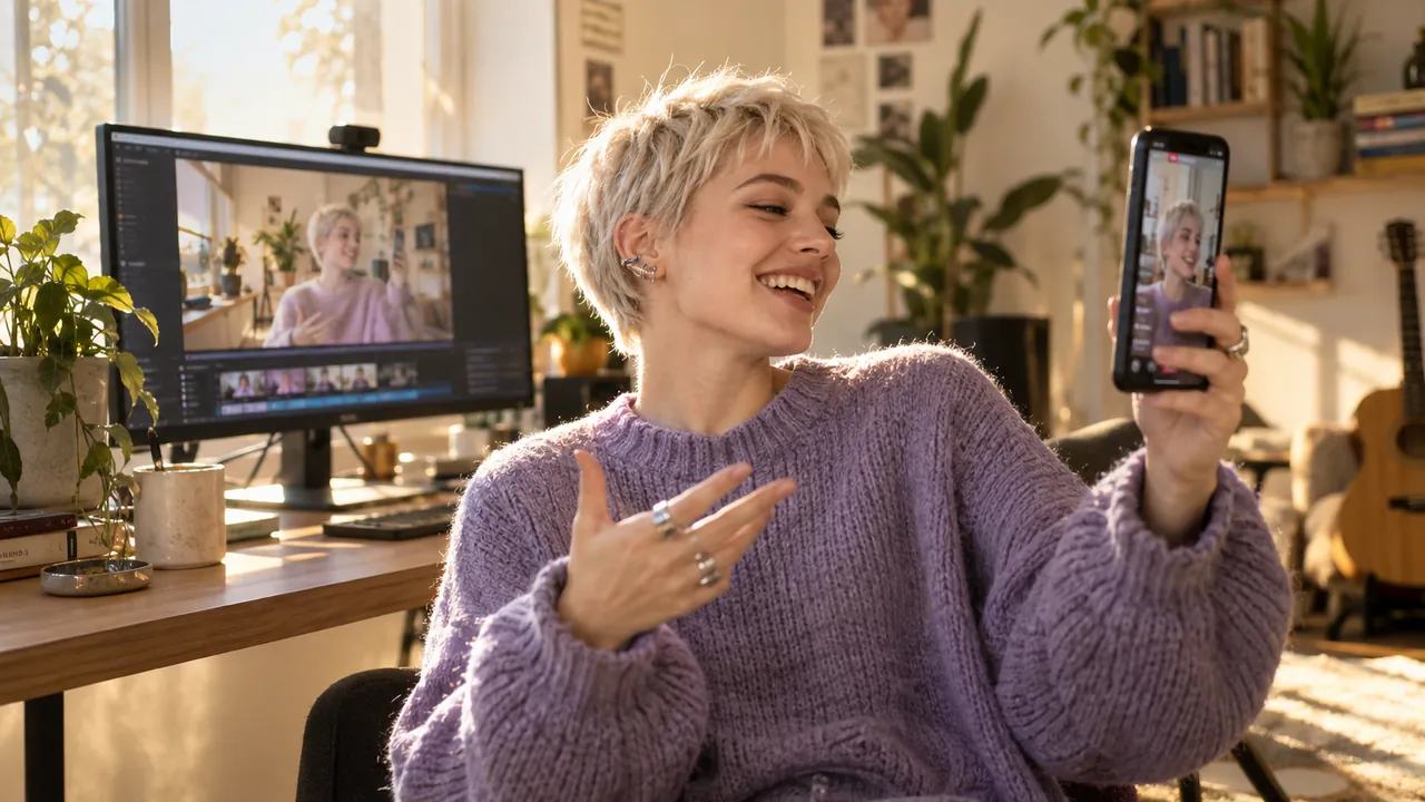 A creator holds up her vertical stream on a phone while the monitor behind her shows the same moment in 16:9