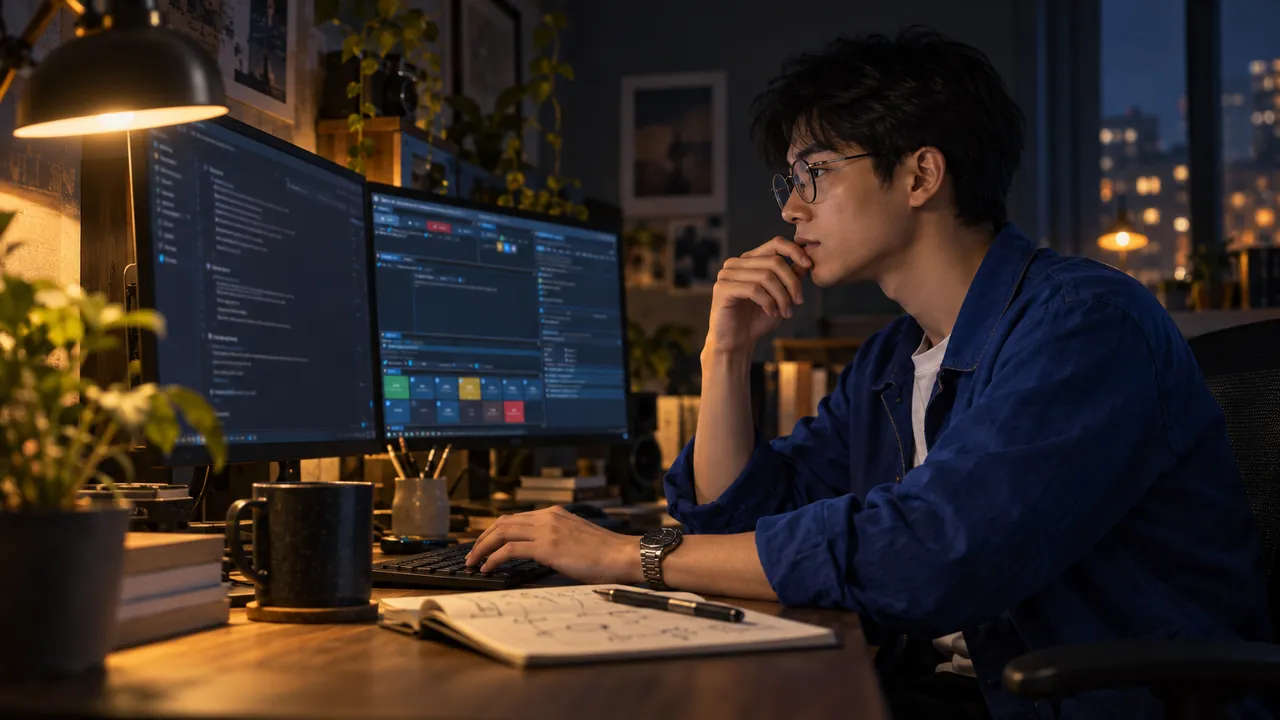 A developer in round glasses talks to a coding agent at night while the deck changes settings on the second screen