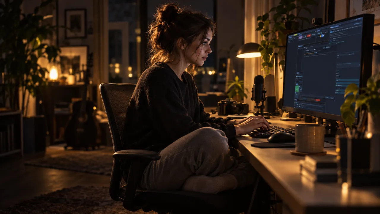 A creator sits cross-legged in her chair and types a plain sentence into Setup AI