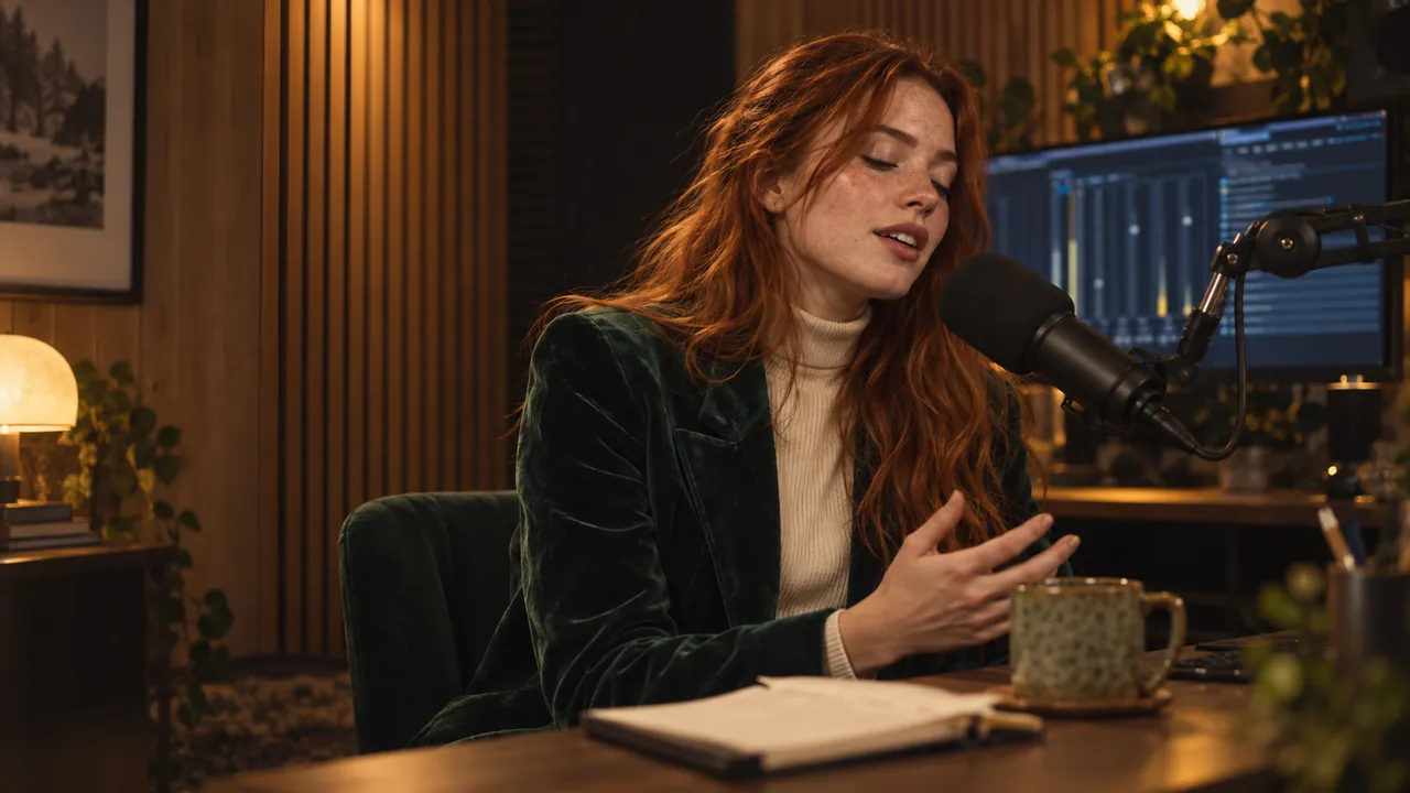 A podcaster in a green velvet blazer speaks into a broadcast microphone in a warm wood-panelled booth