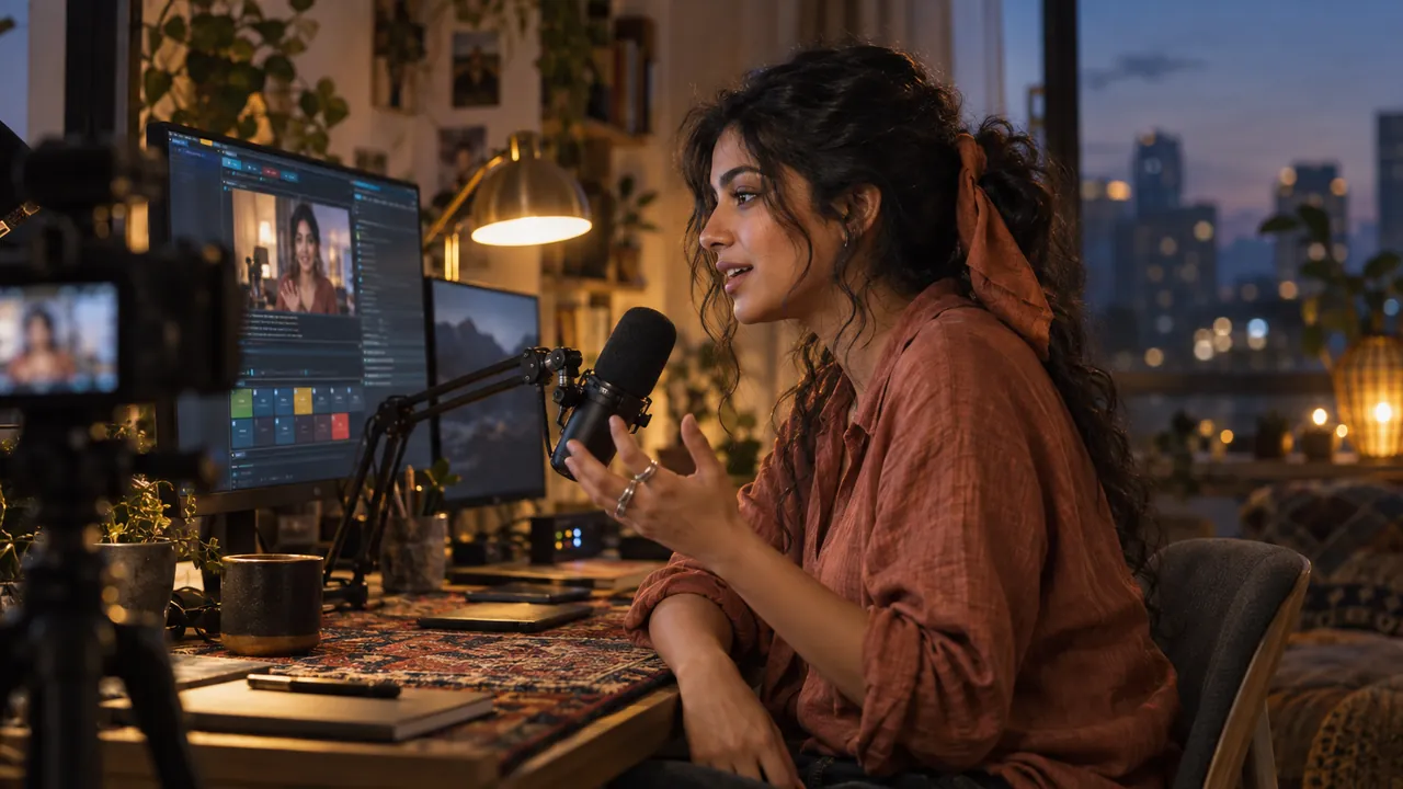 A streamer in a terracotta shirt talks to camera at blue hour while captions run under her preview