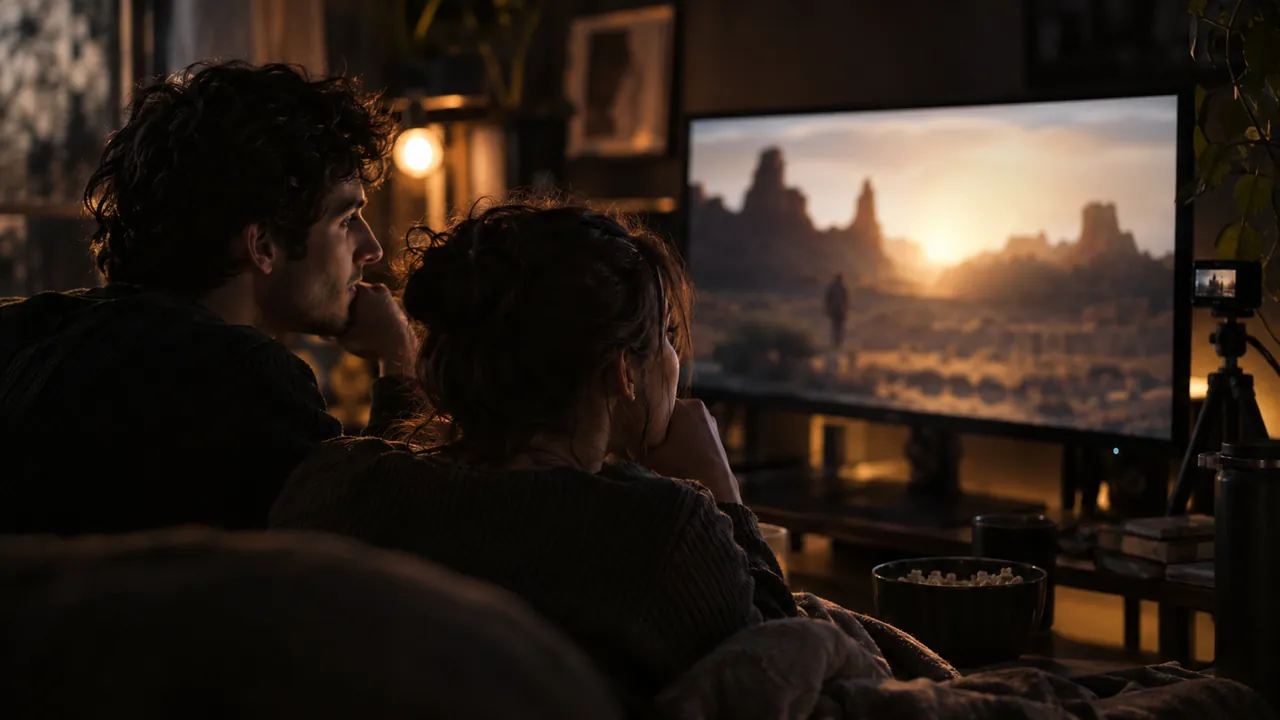 Two friends watch a desert film together on a monitor during a watch-along stream