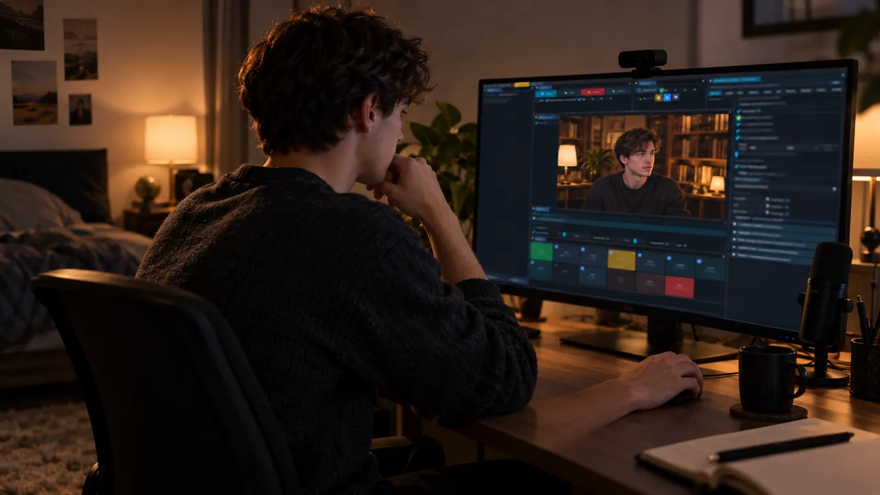 A creator sits by a plain wall while his preview shows him in a warm library set