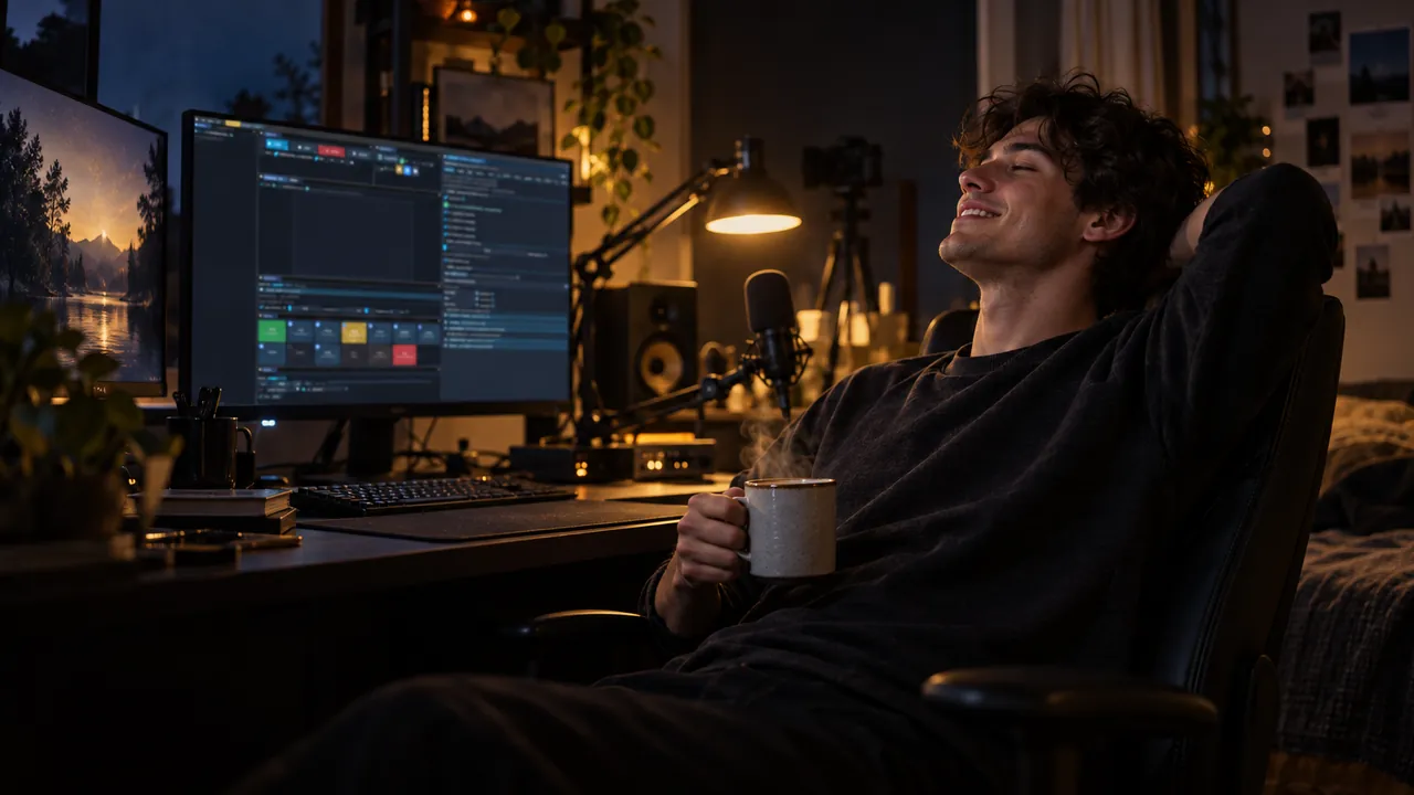 A streamer leans back with a coffee and a relieved smile, his recording still intact on the deck