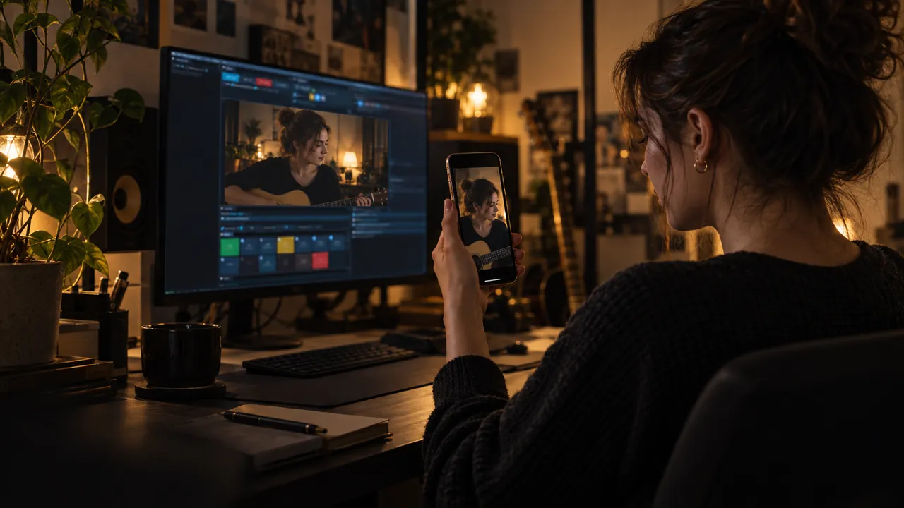 A creator checks a vertical clip of herself on her phone while the same shot plays wide on her monitor