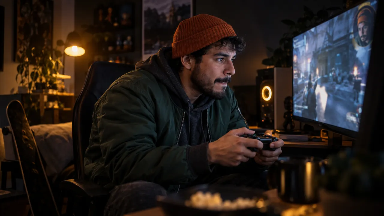 A gamer in an orange beanie grips his controller as the game fills the screen, his face in a small corner bubble