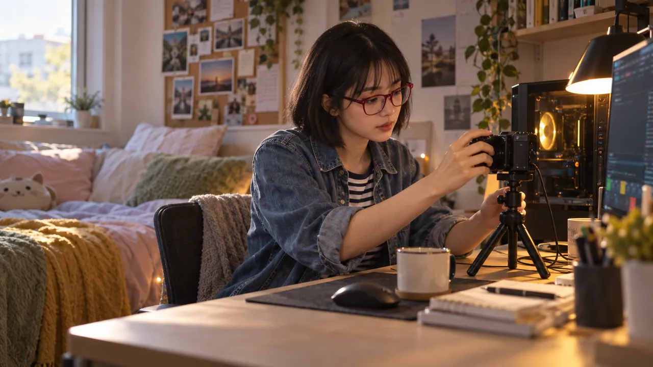 A student in red glasses adjusts her camera next to a compact PC in a bright dorm room