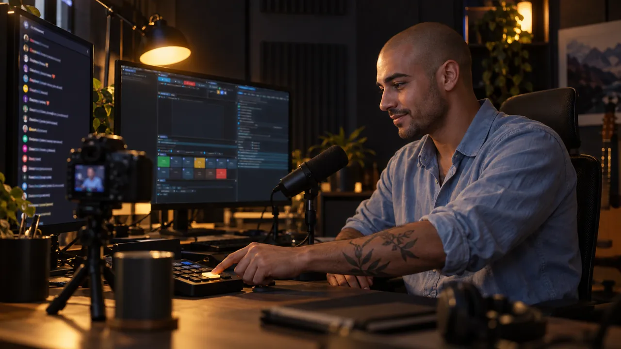 A streamer with tattooed forearms presses one start button as chat fills the side monitor