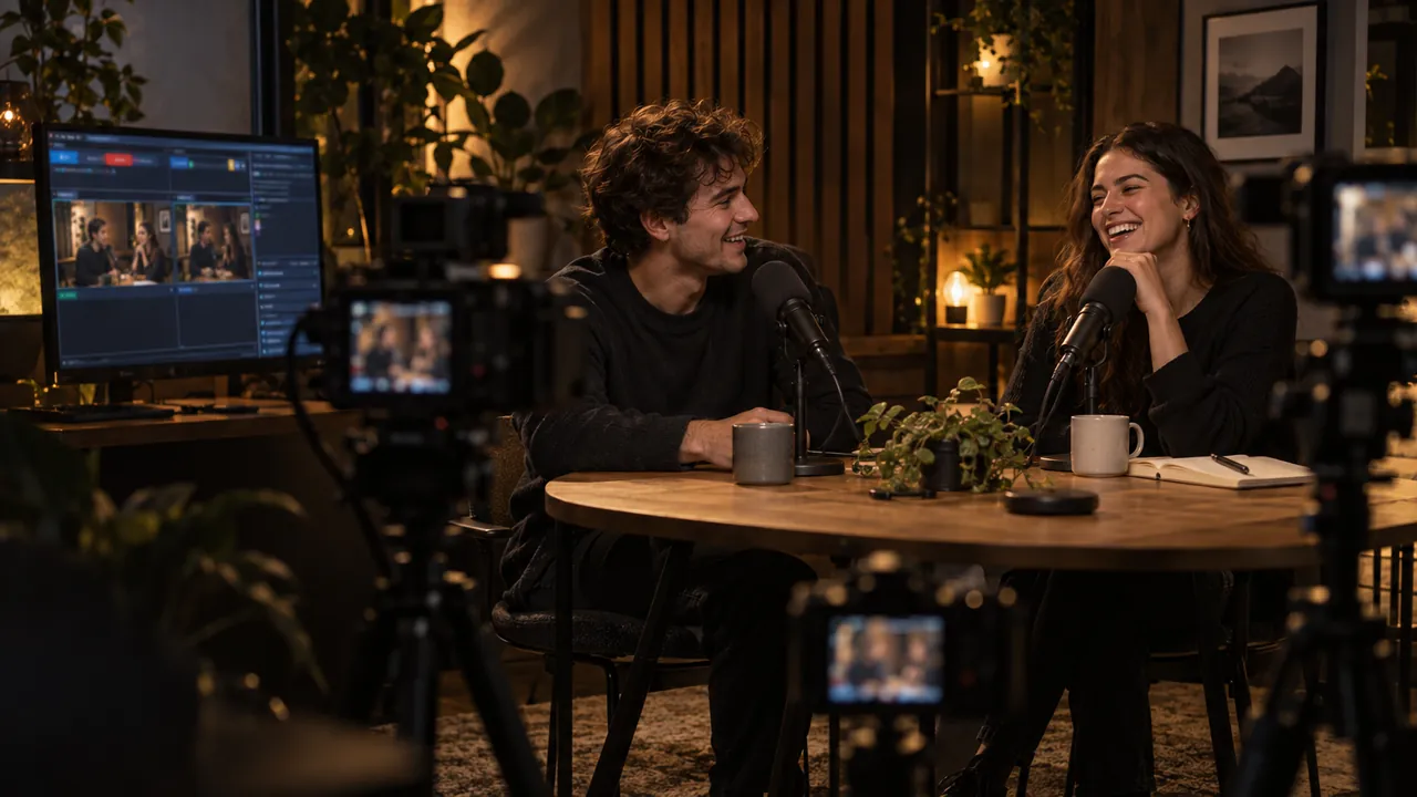 Two podcast hosts laugh at a round table while three cameras and the STUDIO deck cover them